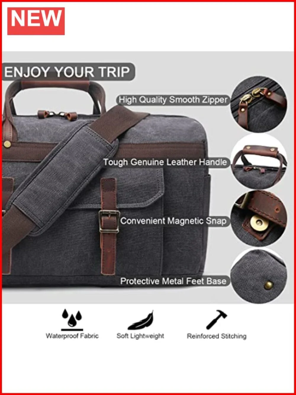 Waterproof Genuine Leather Canvas Travel Duffel Bag Weekender